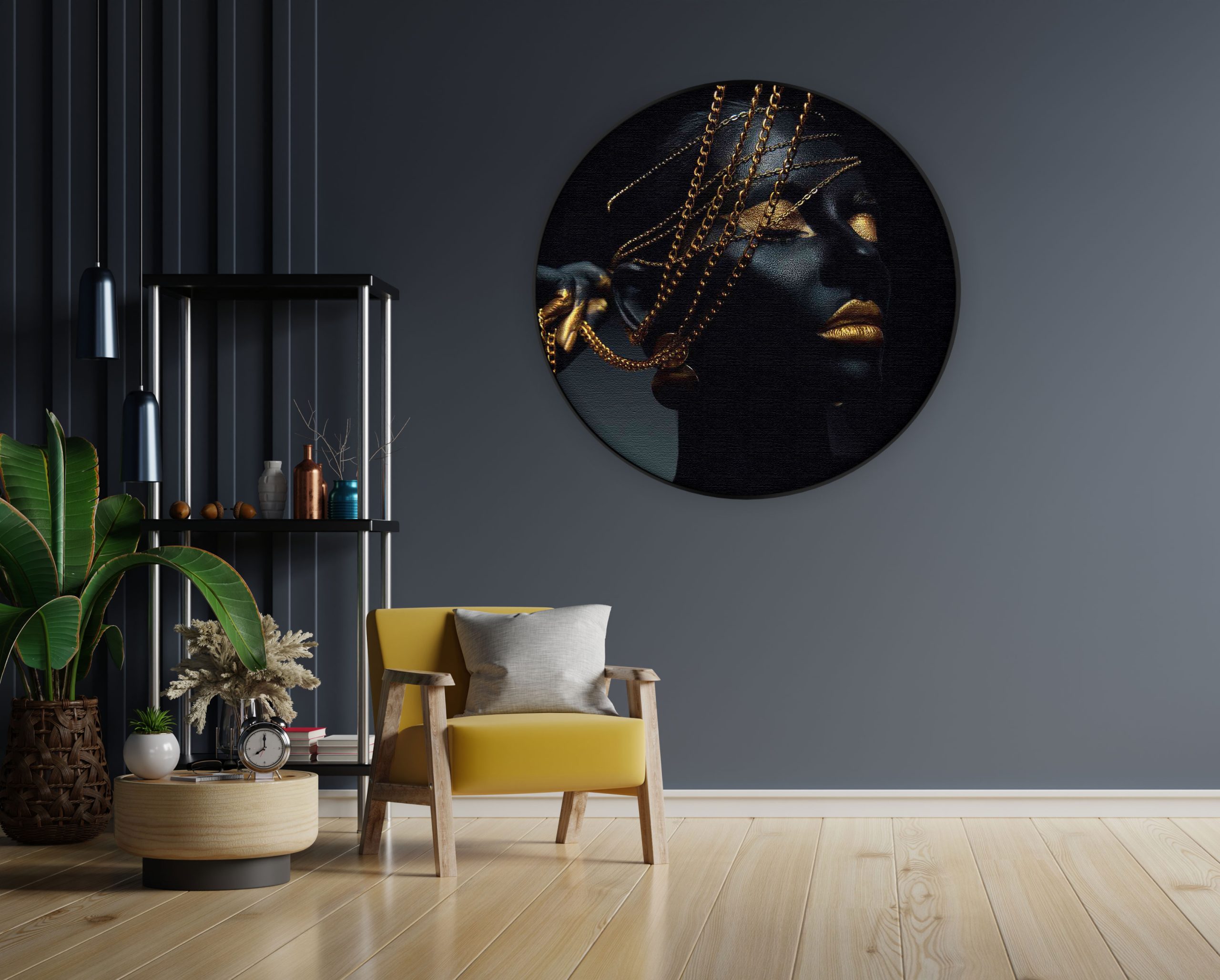 Akoestisch Schilderij Black Whoman With Gold Orange Rond - Muurcirkel Template Vierkant Rond lifestyle 19 1 2 scaled 1