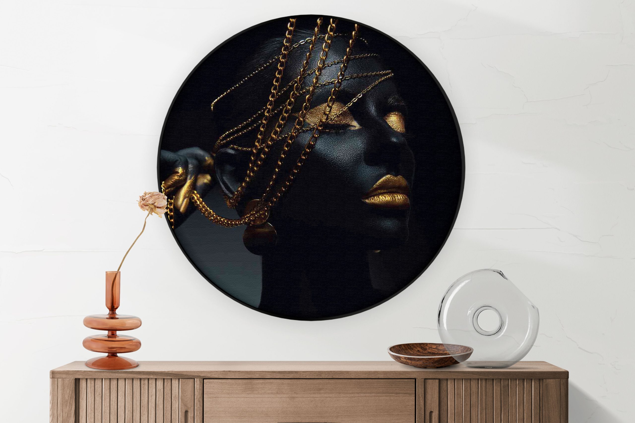 Akoestisch Schilderij Black Whoman With Gold Orange Rond - Muurcirkel Template Vierkant Rond lifestyle 19 1 3 scaled 1