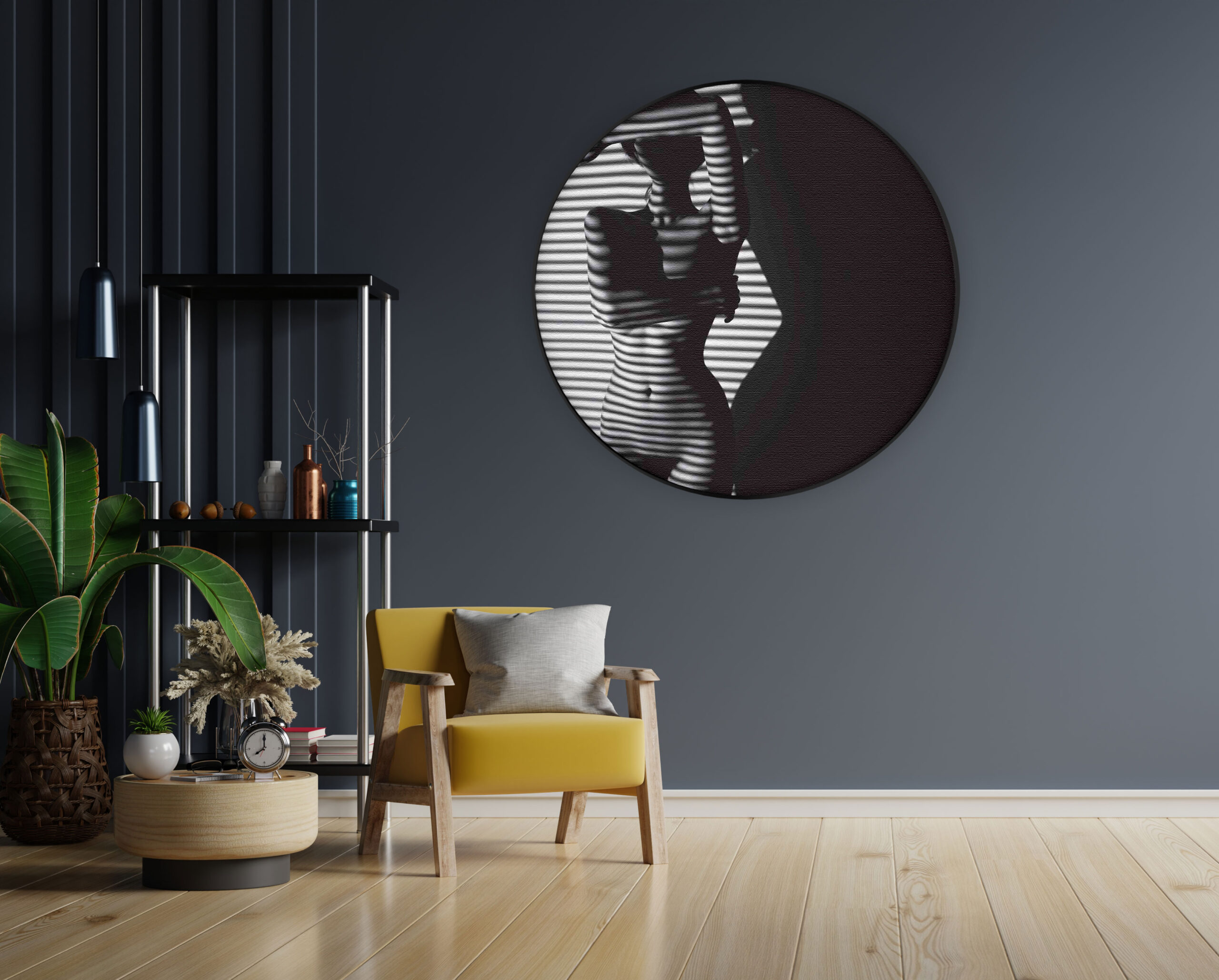 Akoestisch Schilderij Blote Vrouw Achter Jaloezie 02 Rond - Muurcirkel Template Vierkant Rond mensen 33 1 4 scaled 1