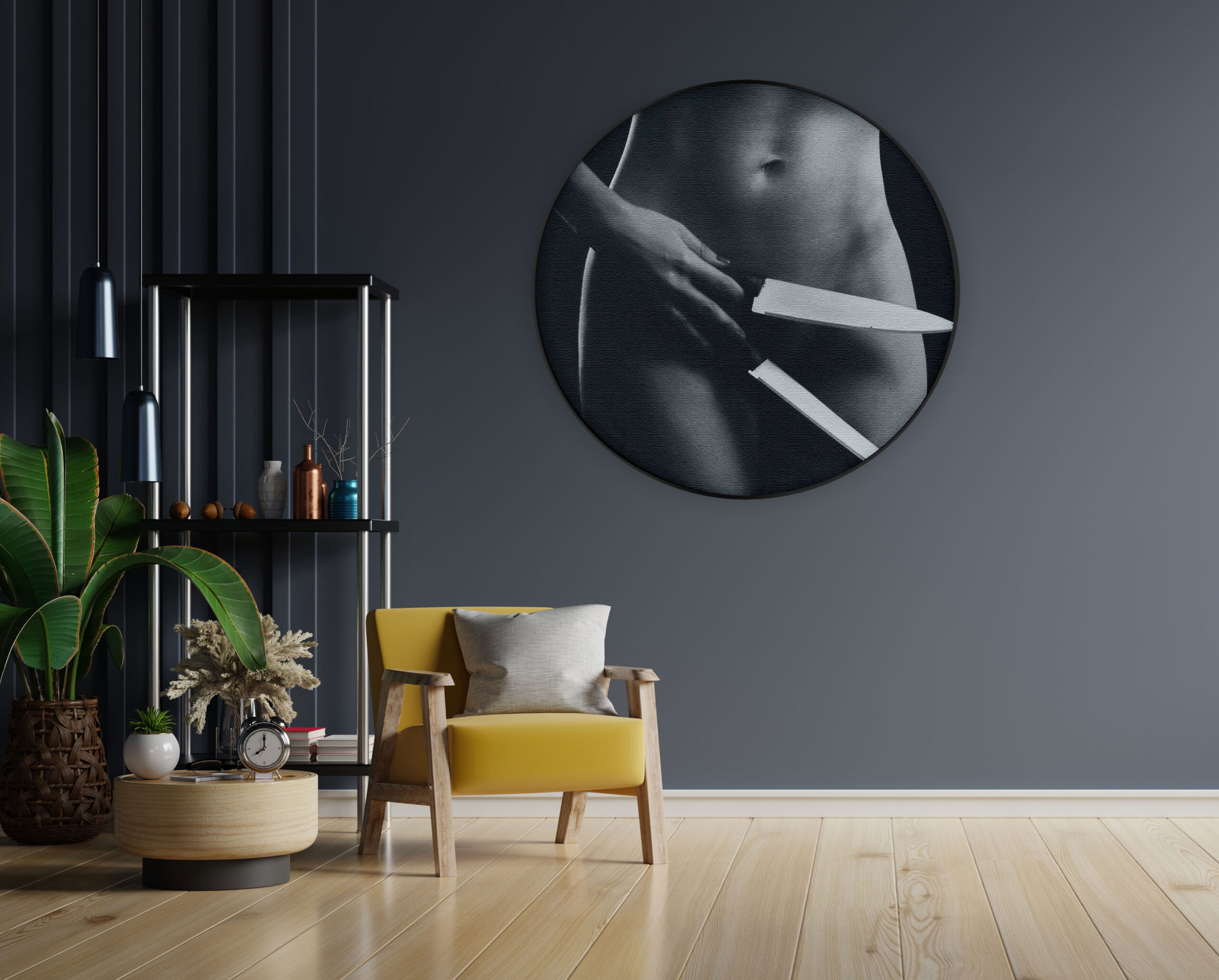 Akoestisch Schilderij Vrouwlijke Messentrekker Rond - Muurcirkel Template Vierkant Rond mensen 4 1 4 scaled 1
