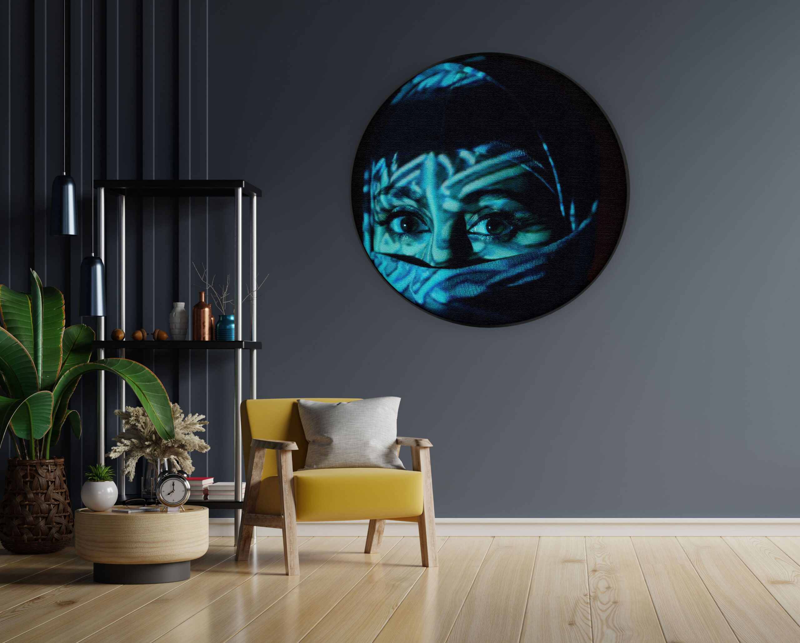 Akoestisch Schilderij Jonge Arabische Vrouw Met Blauwe Hoofddoek Rond - Muurcirkel Template Vierkant Rond mensen 9 1 4 scaled 1