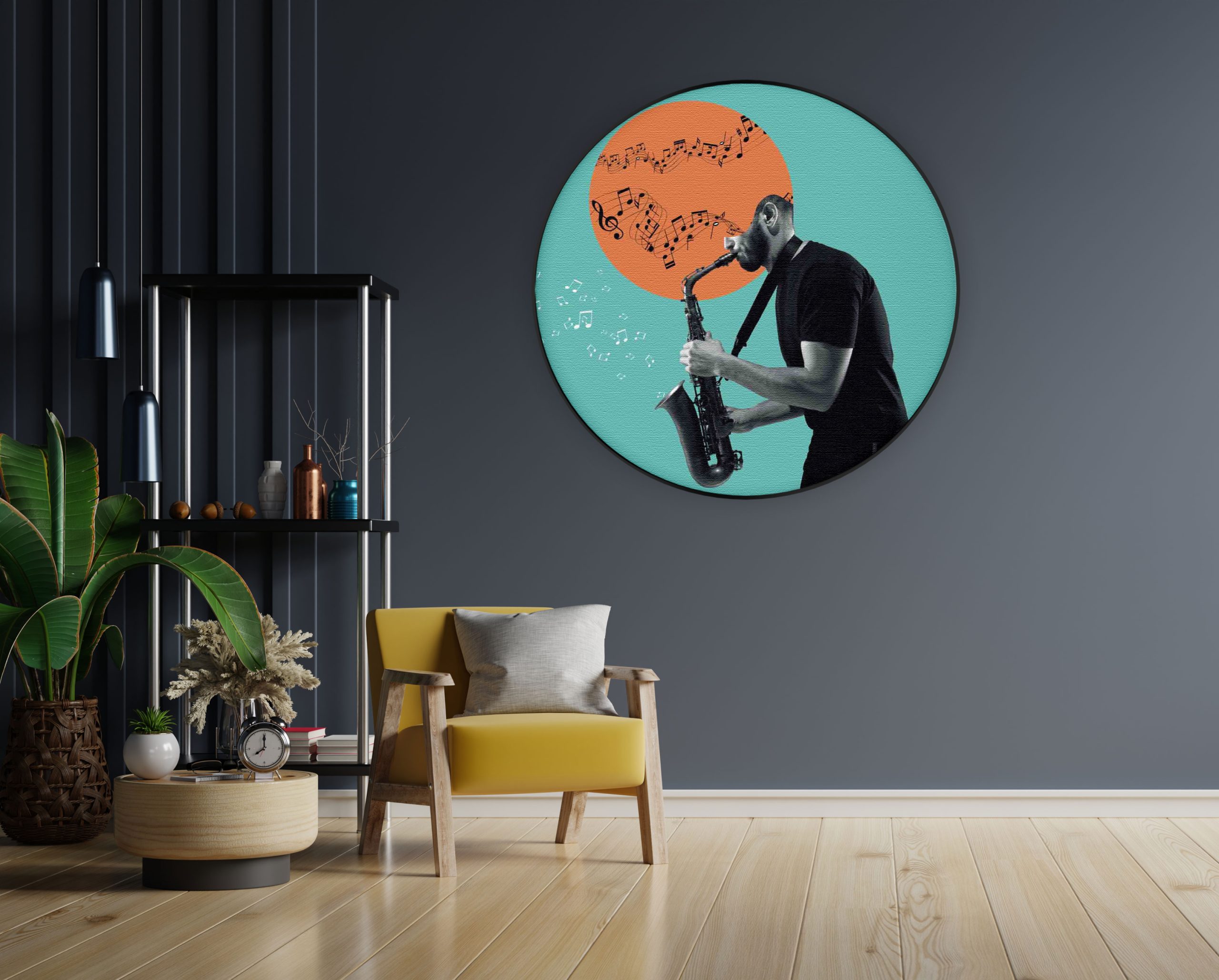 Akoestisch Schilderij Saxofonist Rond - Muurcirkel Template Vierkant Rond muziek 10 1 scaled 1