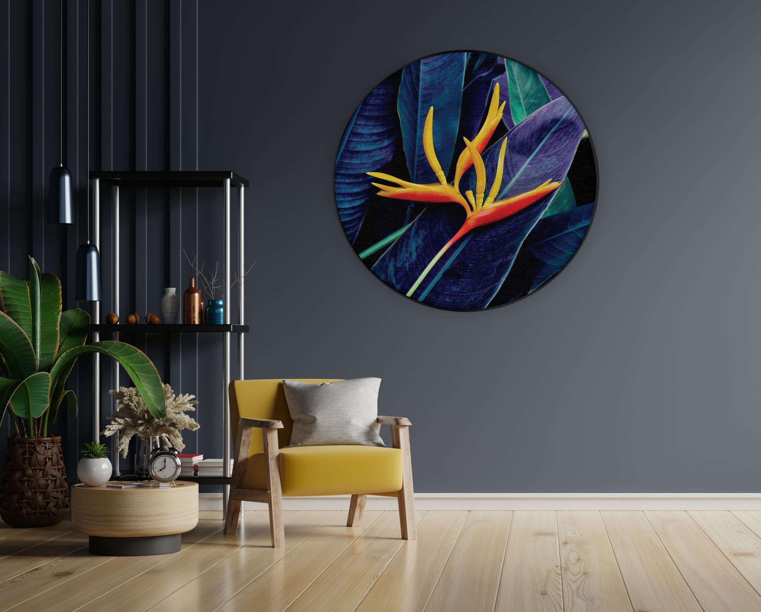 Akoestisch Schilderij Heliconia bloem op donkere achtergrond Rond - Muurcirkel Template Vierkant Rond natuur 95 1 1 scaled 1