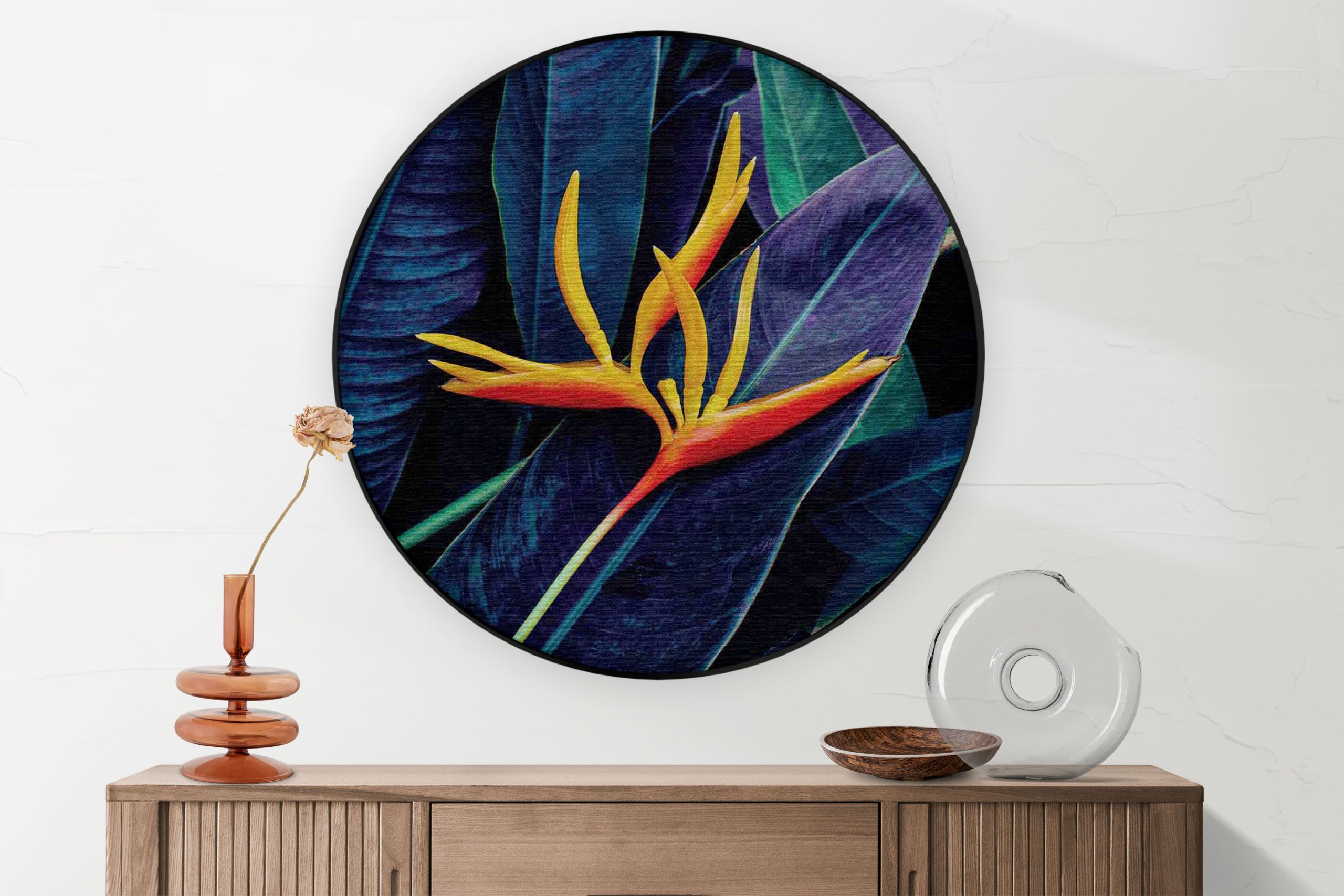 Akoestisch Schilderij Heliconia bloem op donkere achtergrond Rond - Muurcirkel Template Vierkant Rond natuur 95 1 2 scaled 1