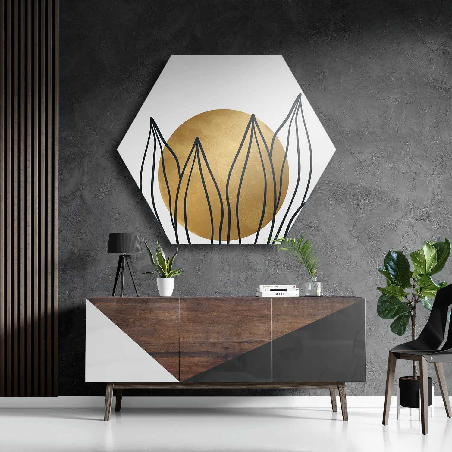 Schilderij Scandinavisch Design Plant met Goud Element 01 Hexagon Template Hexagon1 Abstract 72 3