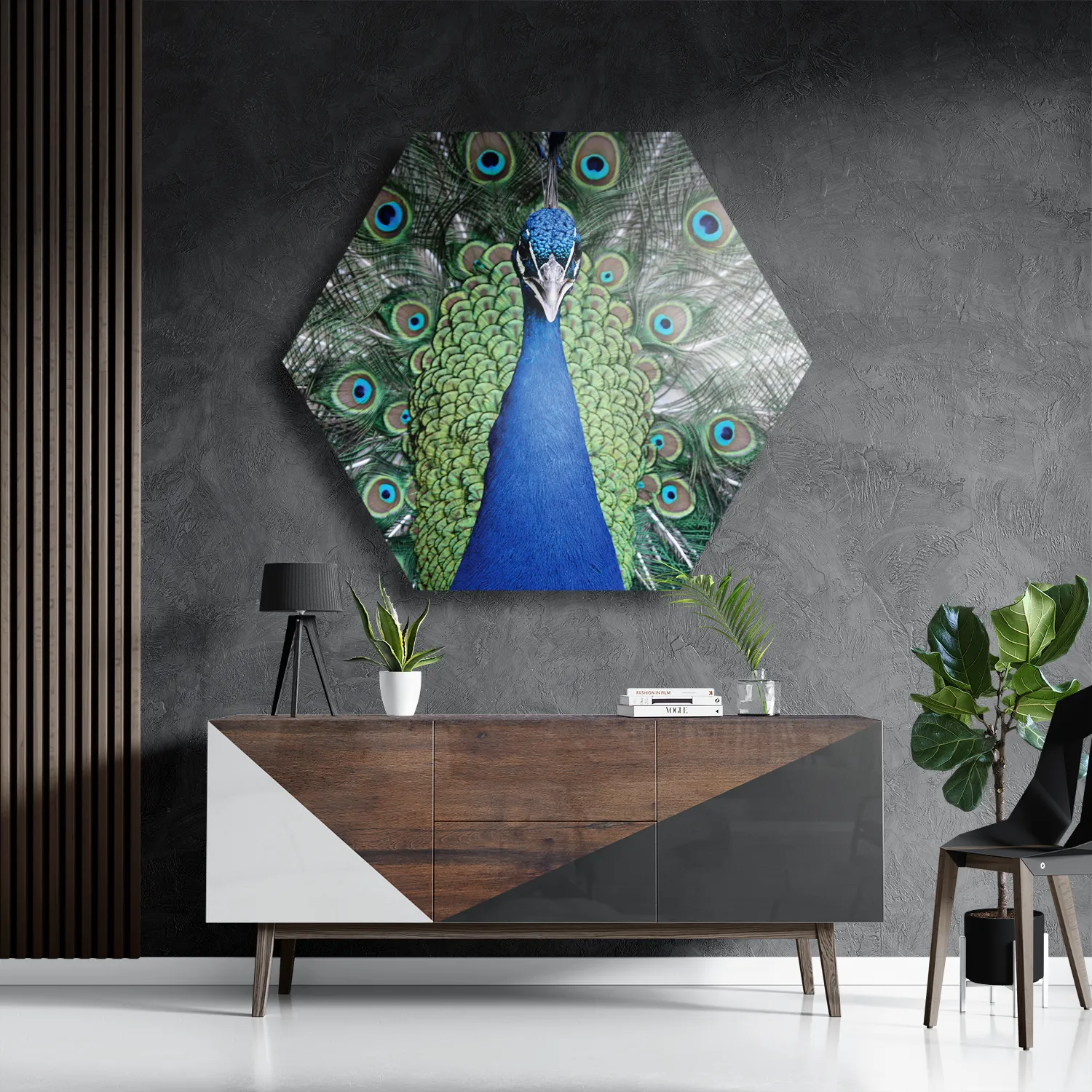 Schilderij Blauwe Pauw Met Groene Verem Hexagon Template Hexagon1 Dieren 20 3