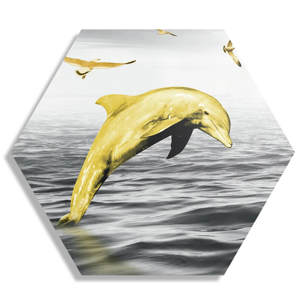 Schilderij Springende Dolfijnen Goud 02 Hexagon Template Hexagon1 Dieren 3 1