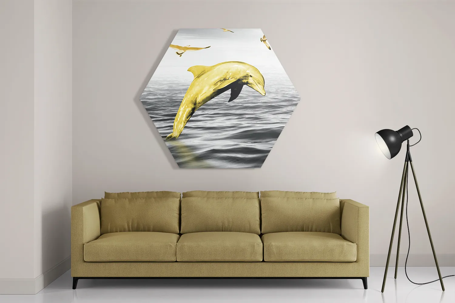 Schilderij Springende Dolfijnen Goud 02 Hexagon Template Hexagon1 Dieren 3 2