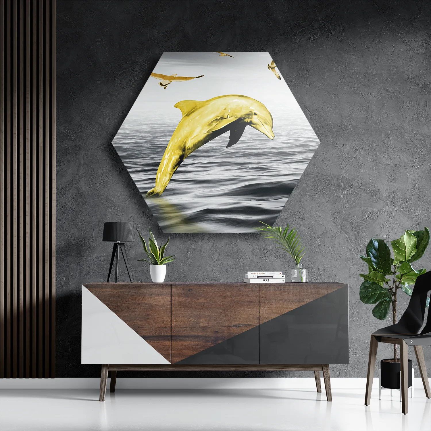 Schilderij Springende Dolfijnen Goud 02 Hexagon Template Hexagon1 Dieren 3 3