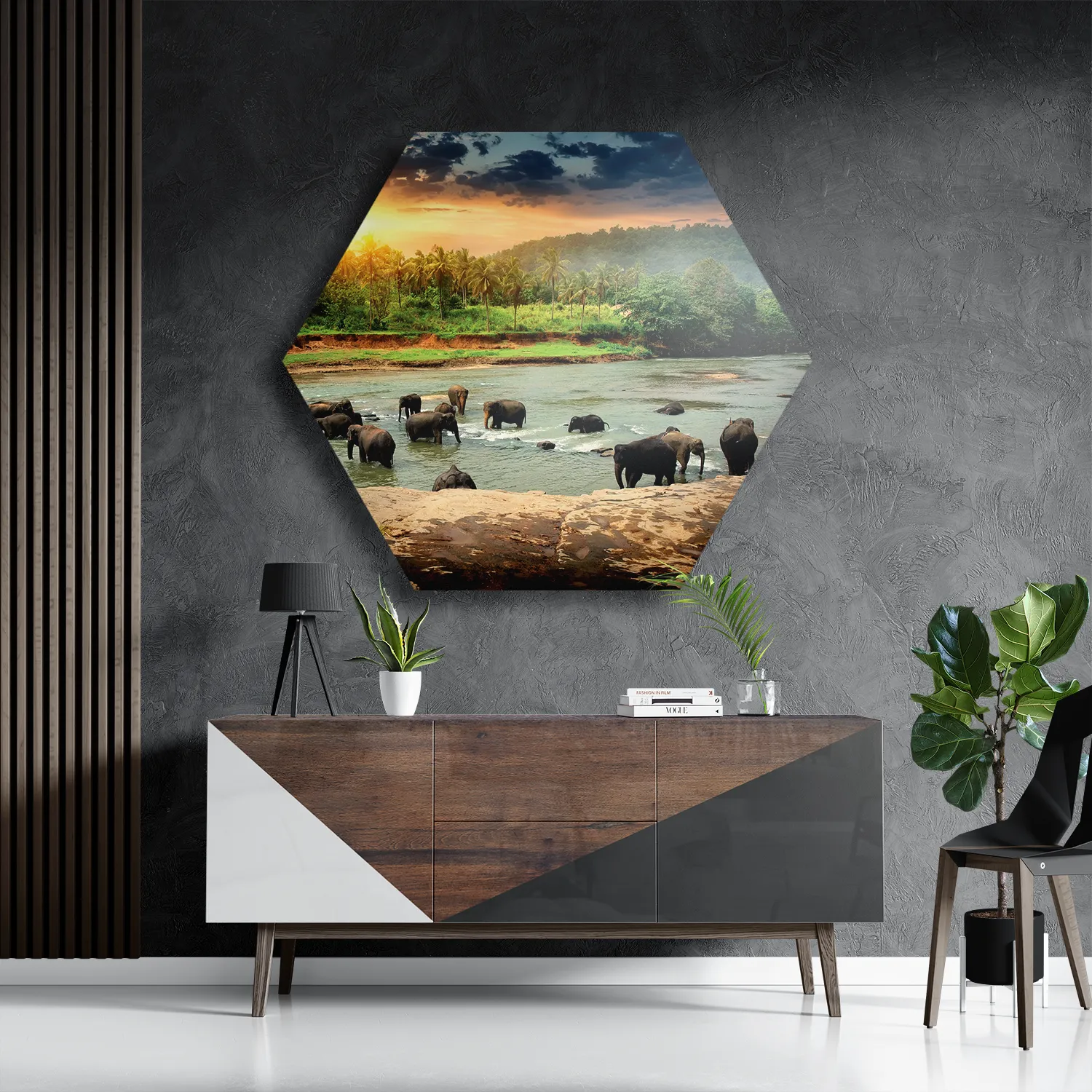 Schilderij De Rivier Olifanten Hexagon Template Hexagon1 Dieren 39 3