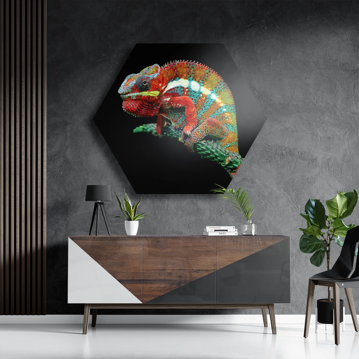 Template_Hexagon1_Dieren_50-3 Schilderij De Kameleon Zittend Op Plant Hexagon Template Hexagon1 Dieren 50 3