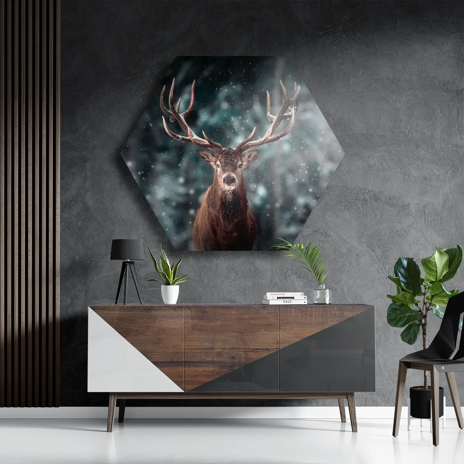 Schilderij Edelhert In De Sneeuw Hexagon Template Hexagon1 Dieren 52 3