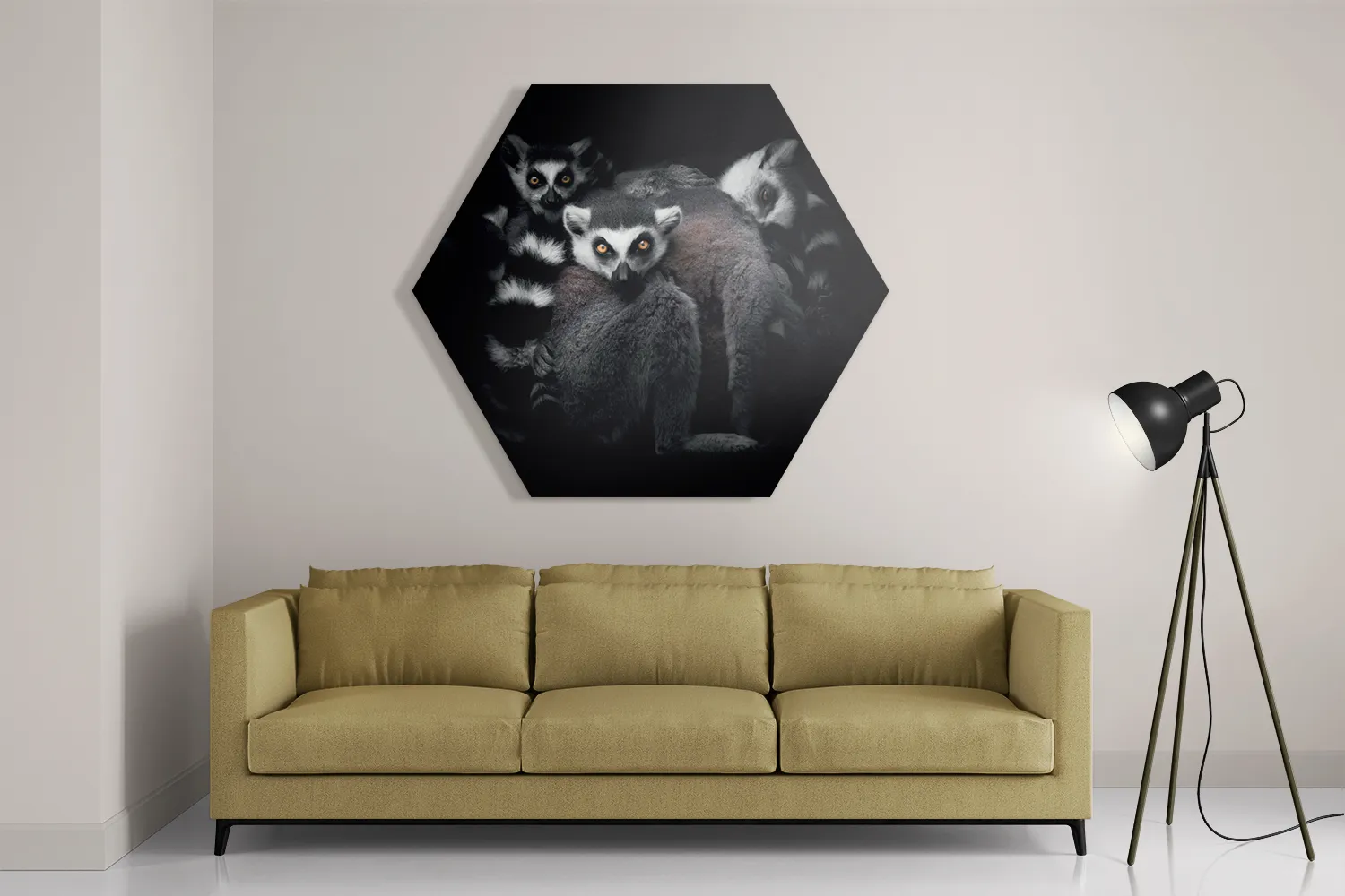 Template_Hexagon1_Dieren_59-2 Schilderij Ringstaartmaki's Met Zwarte Achtergrond Hexagon Template Hexagon1 Dieren 59 2
