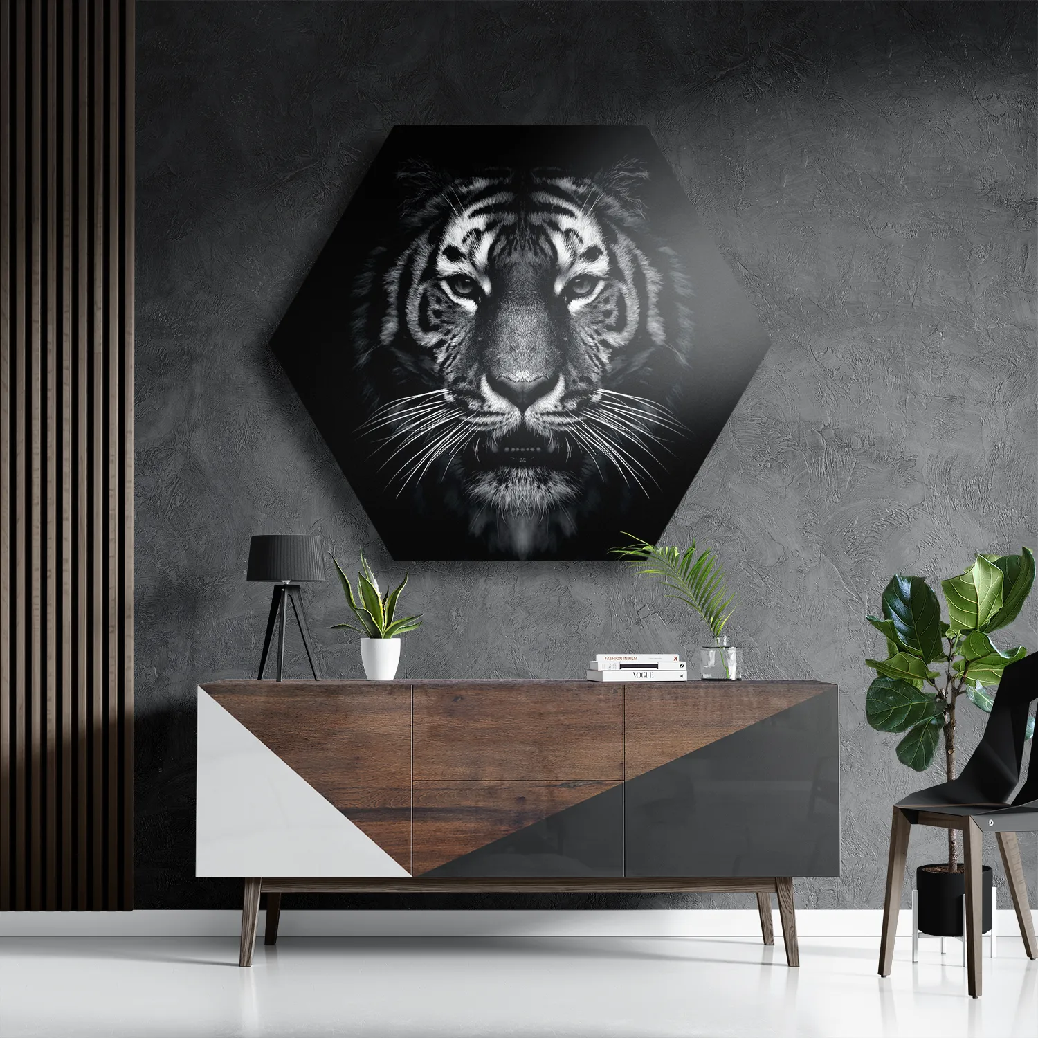 Schilderij De Tijger Zwart Wit Hexagon Template Hexagon1 Dieren 67 3