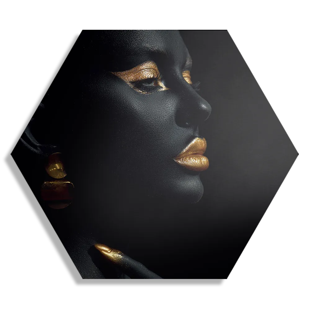 Schilderij Black Whoman With Gold Orange Hexagon Template Hexagon1 Lifestyle 18 1