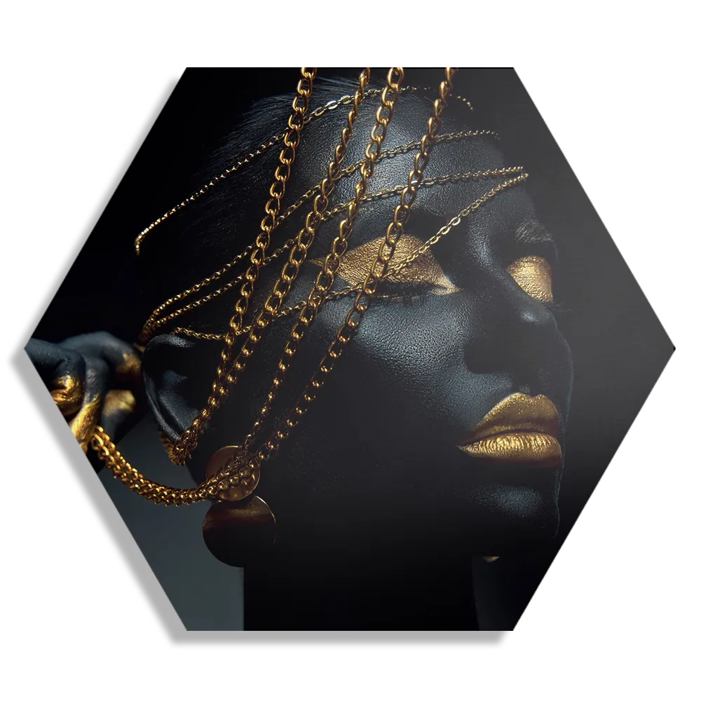 Schilderij Black Whoman With Gold Orange Hexagon Template Hexagon1 Lifestyle 19 1