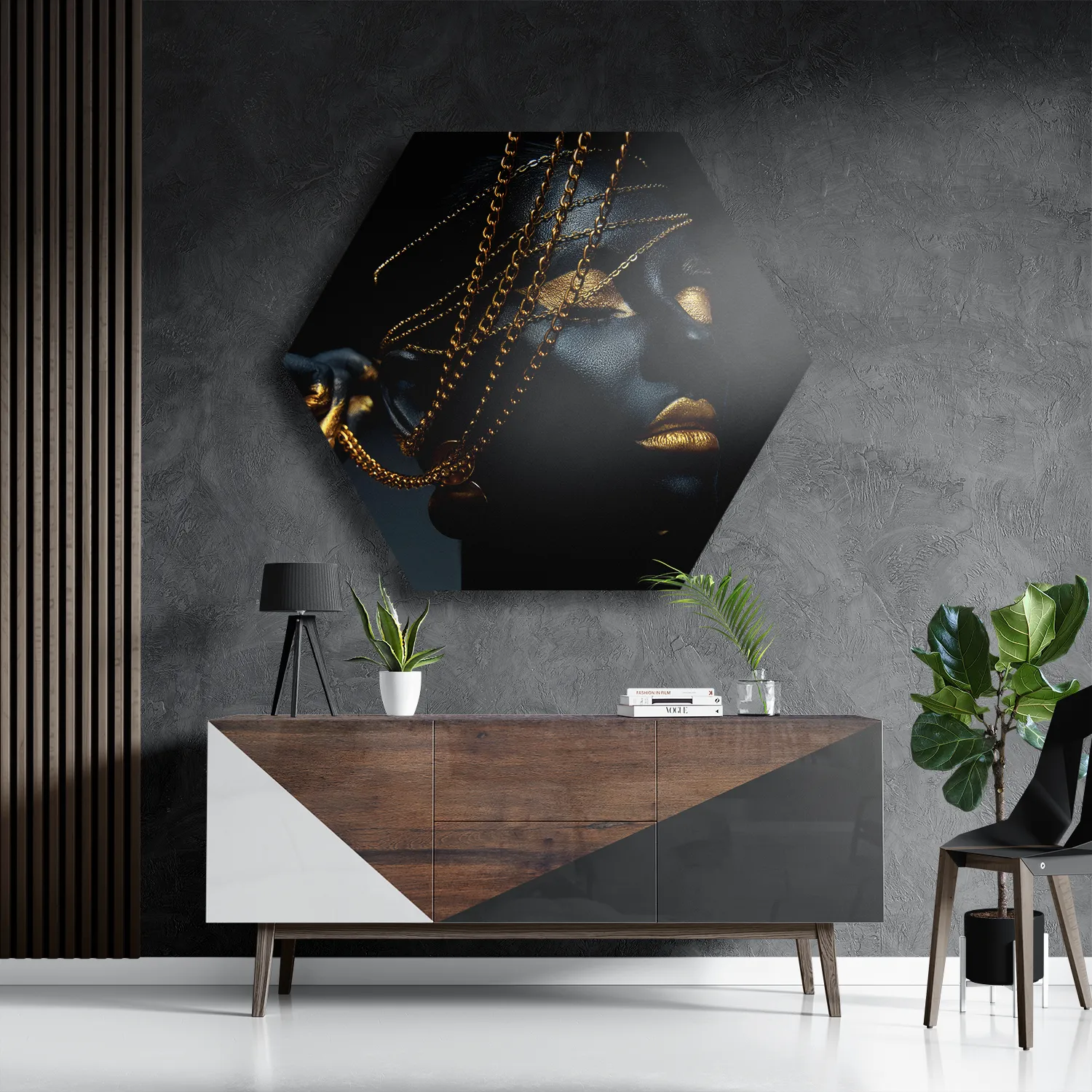 Schilderij Black Whoman With Gold Orange Hexagon Template Hexagon1 Lifestyle 19 3