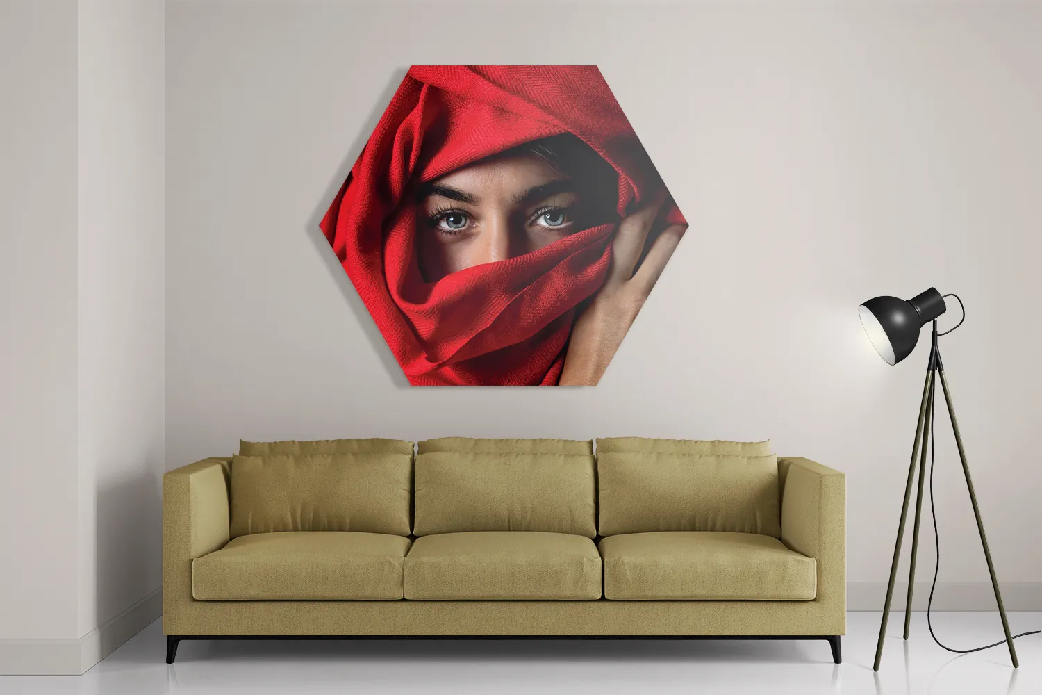 Schilderij Jonge Arabische Vrouw Met Rode Hoofddoek Hexagon Template Hexagon1 Mensen 1 2