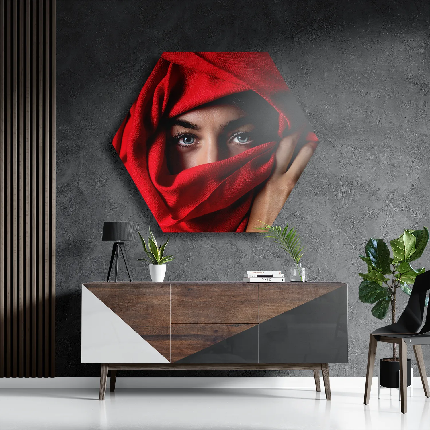 Schilderij Jonge Arabische Vrouw Met Rode Hoofddoek Hexagon Template Hexagon1 Mensen 1 3