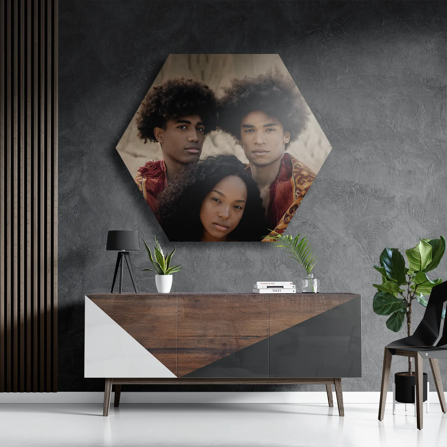 Schilderij Afro's in de Woestijn met Persisch tapijt Hexagon Template Hexagon1 Mensen 10 3