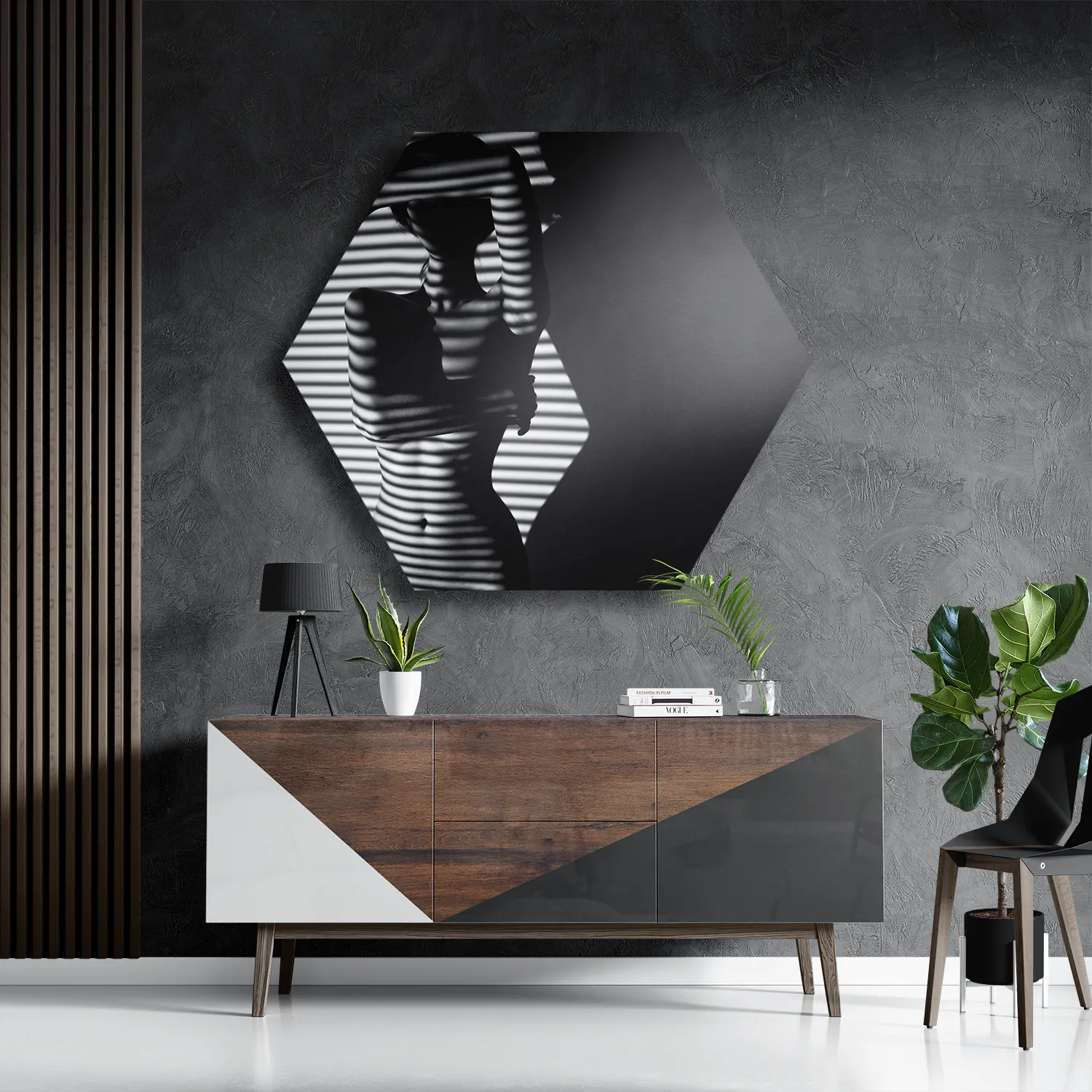 Schilderij Blote Vrouw Achter Jaloezie 02 Hexagon Template Hexagon1 Mensen 33 3