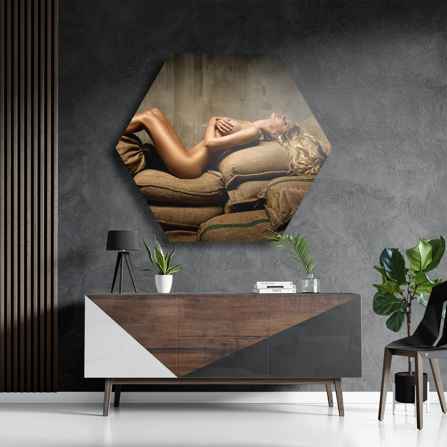 Schilderij Mooie Blonde Blote Vrouw Industrieel Hexagon Template Hexagon1 Mensen 34 3