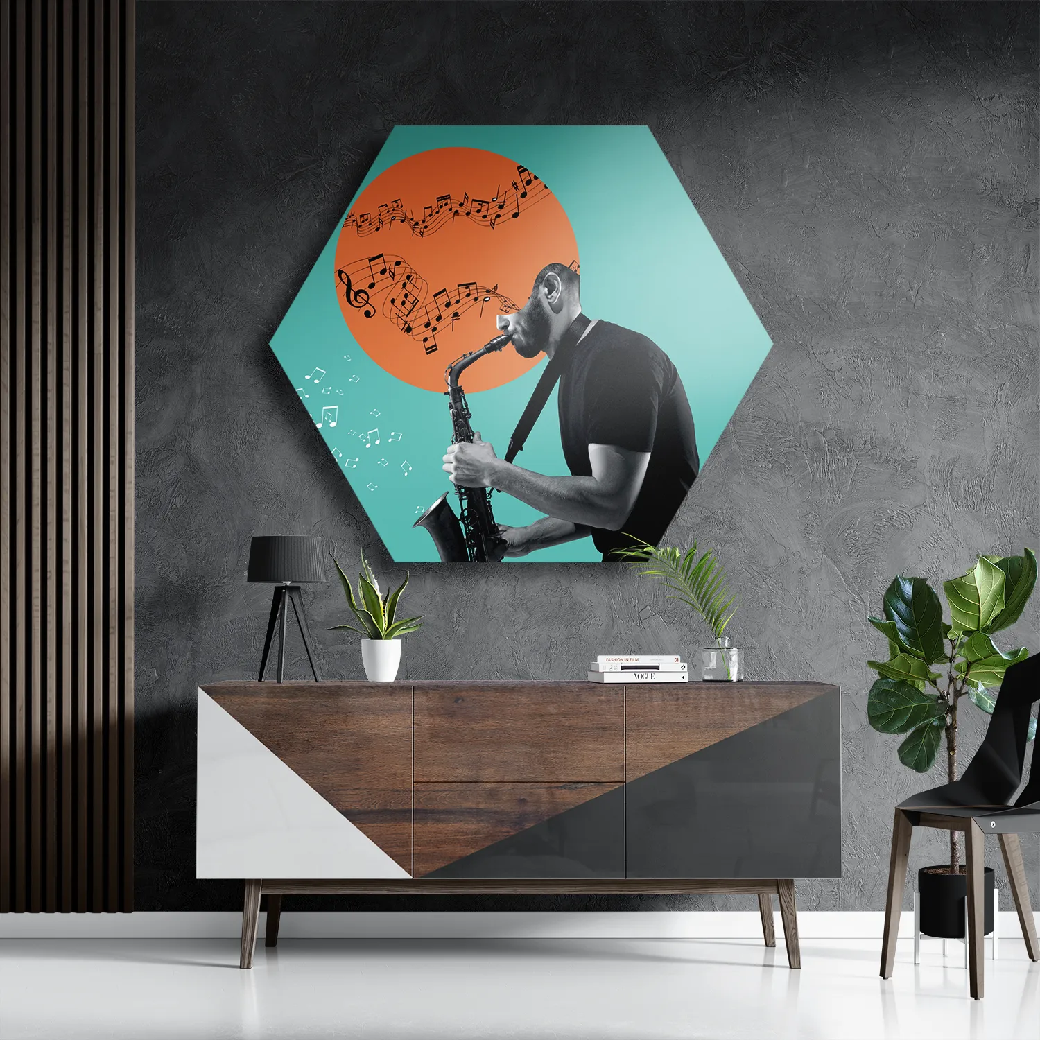Schilderij Saxofonist Hexagon Template Hexagon1 Muziek 10 3