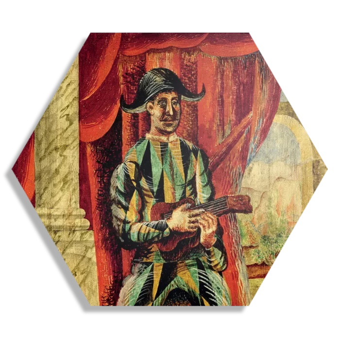 Schilderij Picasso Harlekijn met een gitaar 1918 Hexagon Template Hexagon1 Om 23 1