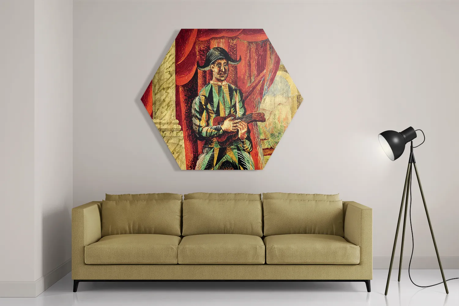 Schilderij Picasso Harlekijn met een gitaar 1918 Hexagon Template Hexagon1 Om 23 2