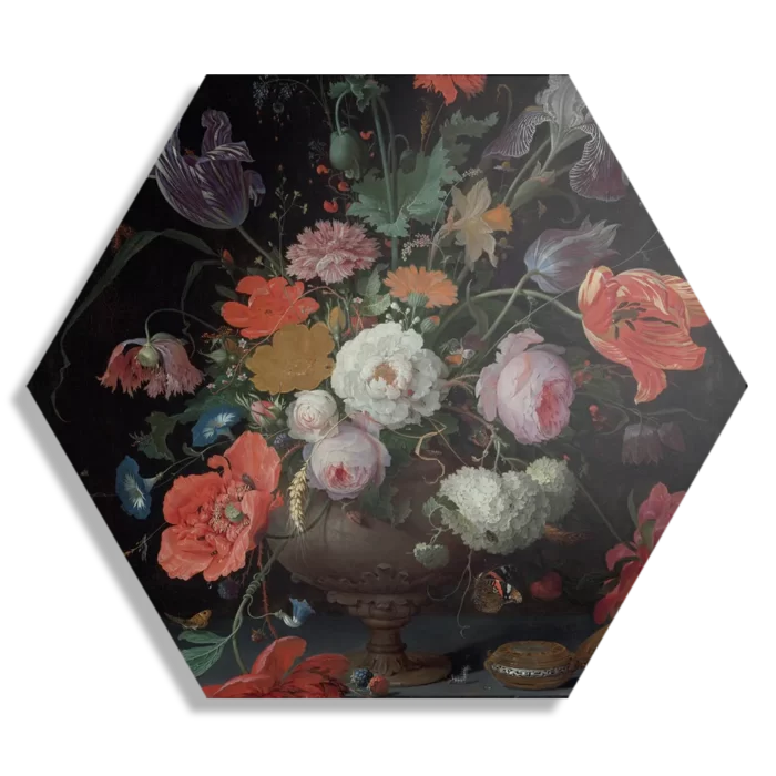 Schilderij Abraham Mignon Stilleven met bloemen en een horloge 1660-1679 Hexagon Template Hexagon1 Om 26 1
