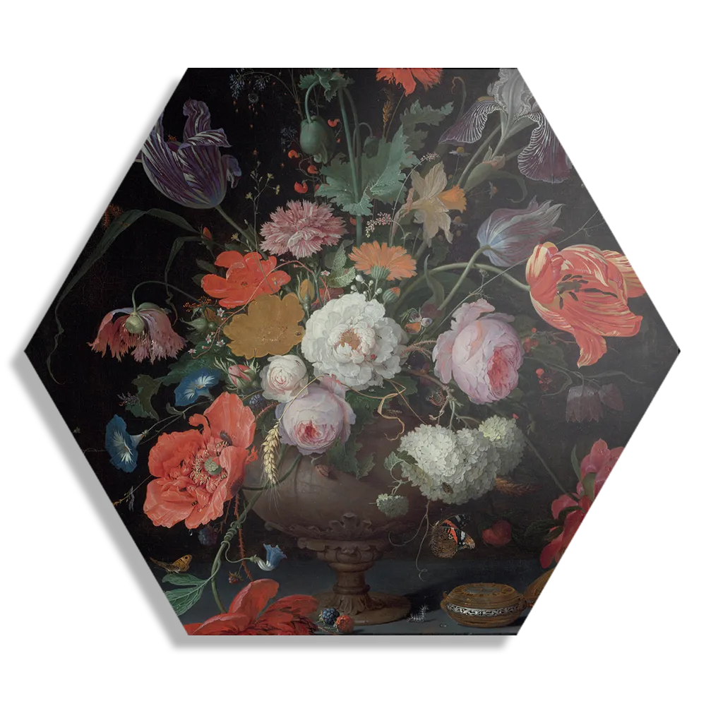 Schilderij Abraham Mignon Stilleven met bloemen en een horloge 1660-1679 Hexagon Template Hexagon1 Om 26 1