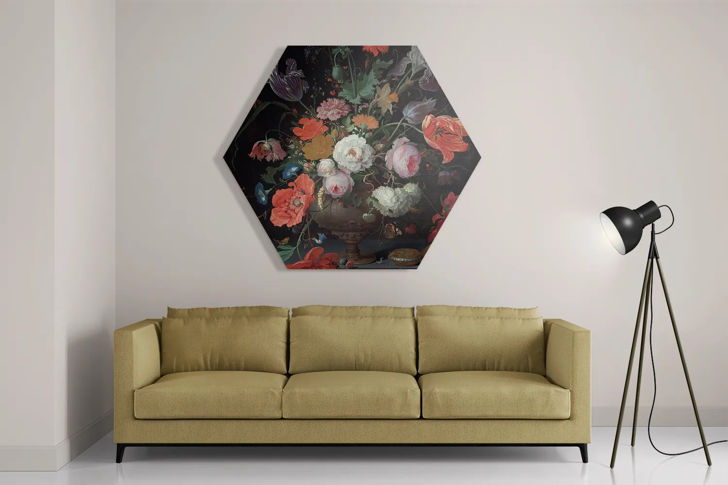 Schilderij Abraham Mignon Stilleven met bloemen en een horloge 1660-1679 Hexagon Template Hexagon1 Om 26 2