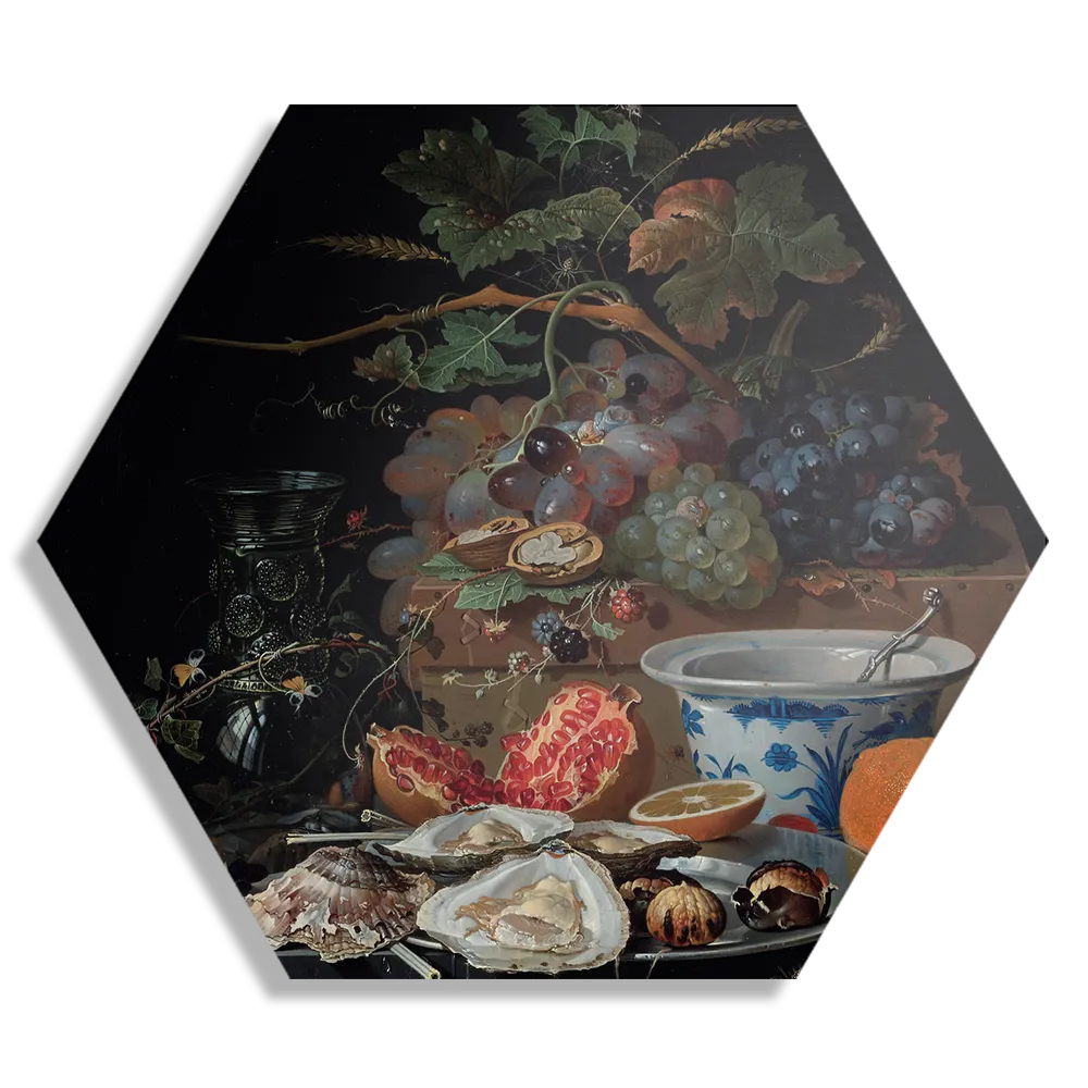 Schilderij Abraham Mignon Stilleven met vruchten, oesters en een porseleinen kom 1660-1679 Hexagon Template Hexagon1 Om 28 1