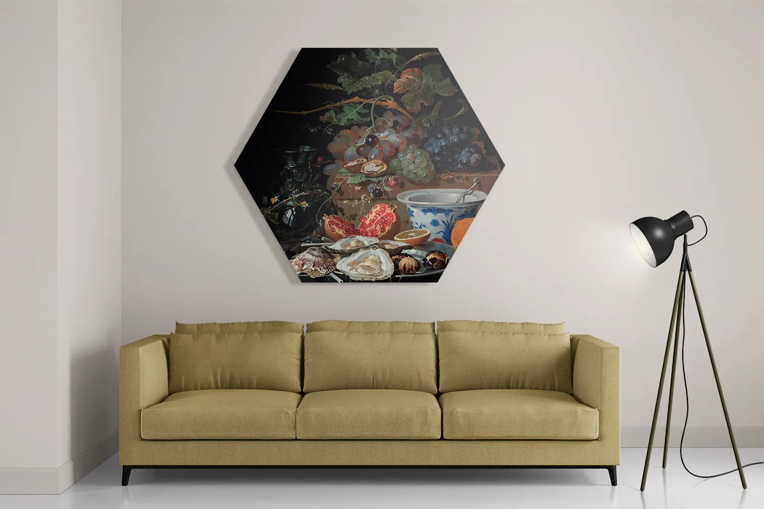 Schilderij Abraham Mignon Stilleven met vruchten, oesters en een porseleinen kom 1660-1679 Hexagon Template Hexagon1 Om 28 2