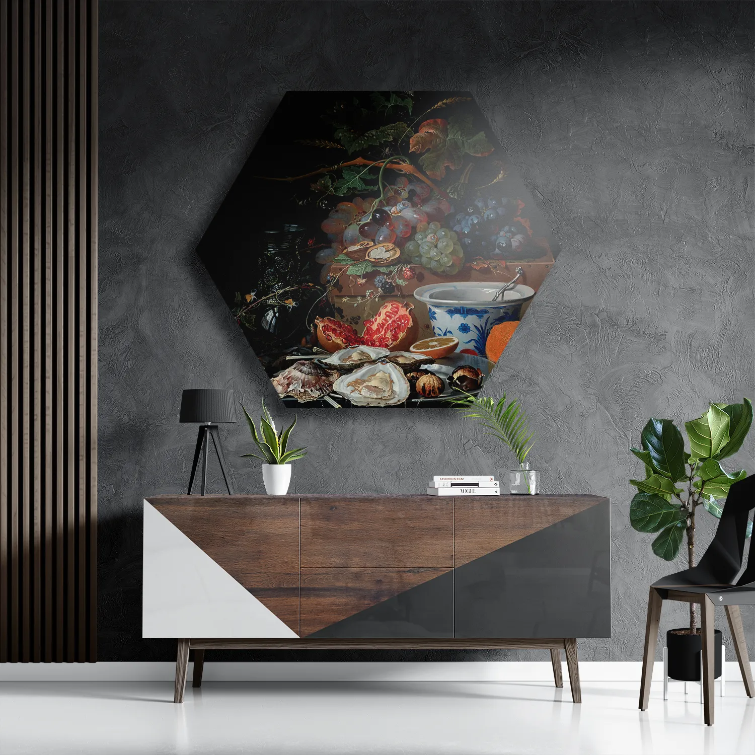 Schilderij Abraham Mignon Stilleven met vruchten, oesters en een porseleinen kom 1660-1679 Hexagon Template Hexagon1 Om 28 3