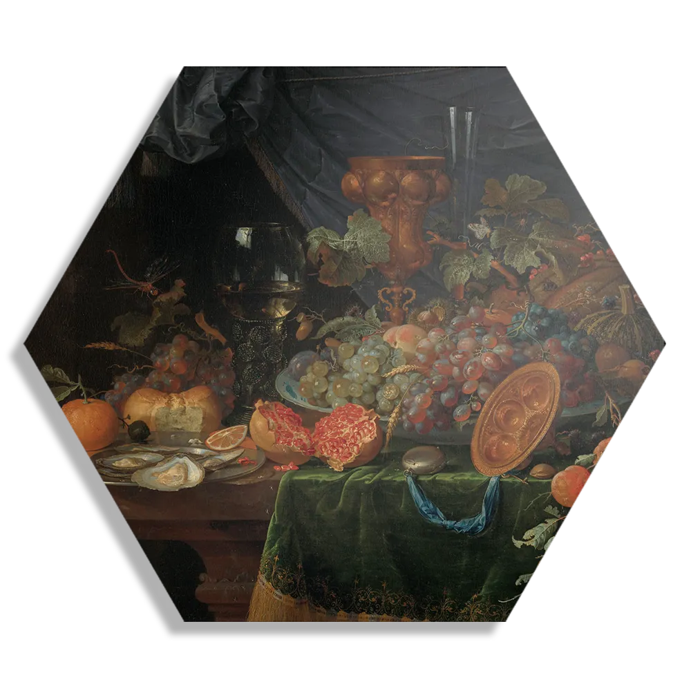 Schilderij Abraham Mignon Stilleven met vruchten en oesters 1660-1679 Hexagon Template Hexagon1 Om 31 1