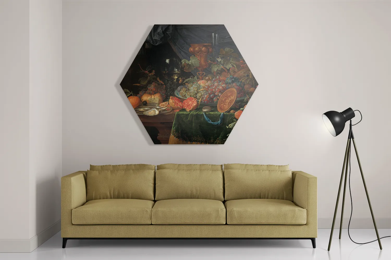 Schilderij Abraham Mignon Stilleven met vruchten en oesters 1660-1679 Hexagon Template Hexagon1 Om 31 2