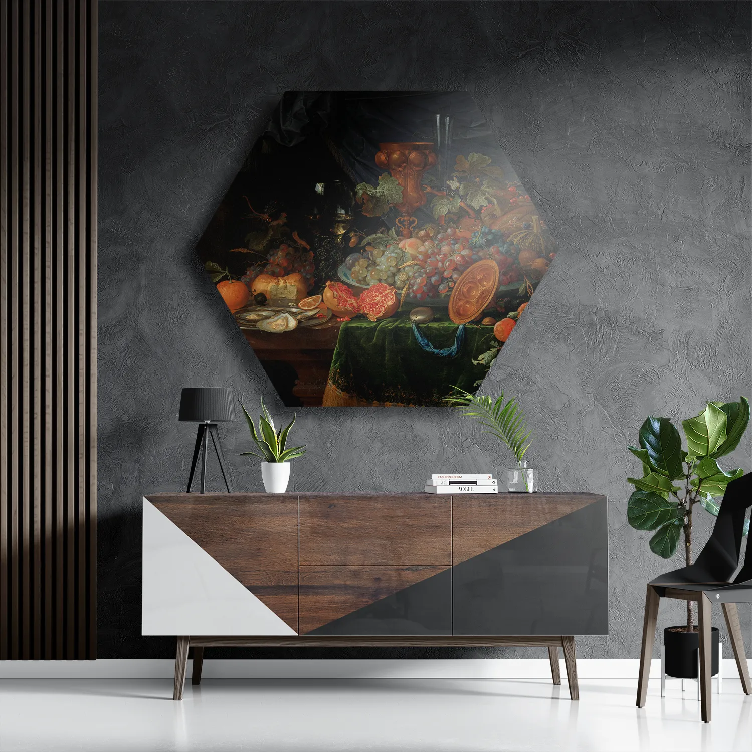 Schilderij Abraham Mignon Stilleven met vruchten en oesters 1660-1679 Hexagon Template Hexagon1 Om 31 3