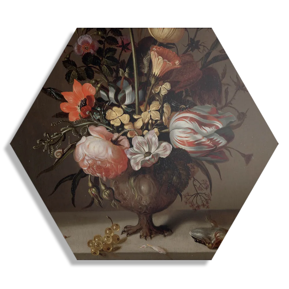 Schilderij Jacob Marrel Stilleven met bloemenvaas en dode kikvors 1634 Hexagon Template Hexagon1 Om 6 1