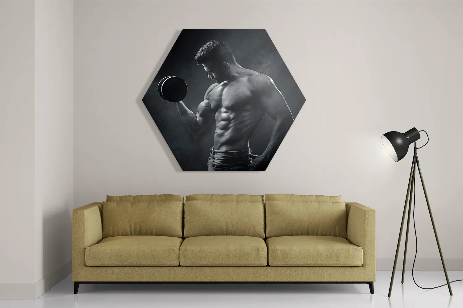 Schilderij Sexy Man Heft Gewicht Met Halter Hexagon Template Hexagon1 Sport 2 2