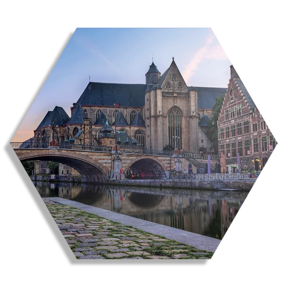 Template_Hexagon1_Steden_100-1 Schilderij Middeleeuwse Kathedraal en Brug Gent Hexagon Template Hexagon1 Steden 100 1