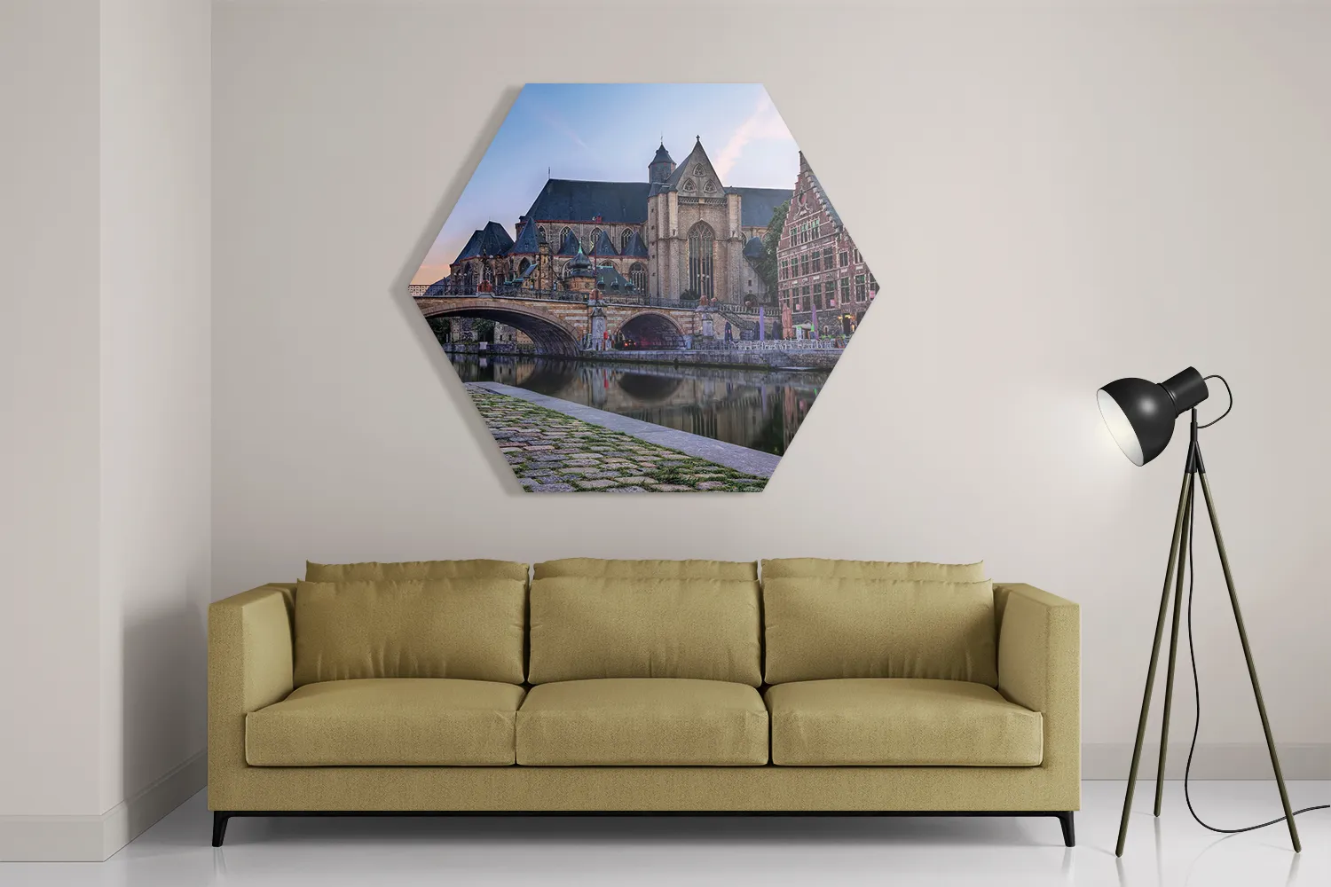 Template_Hexagon1_Steden_100-2 Schilderij Middeleeuwse Kathedraal en Brug Gent Hexagon Template Hexagon1 Steden 100 2