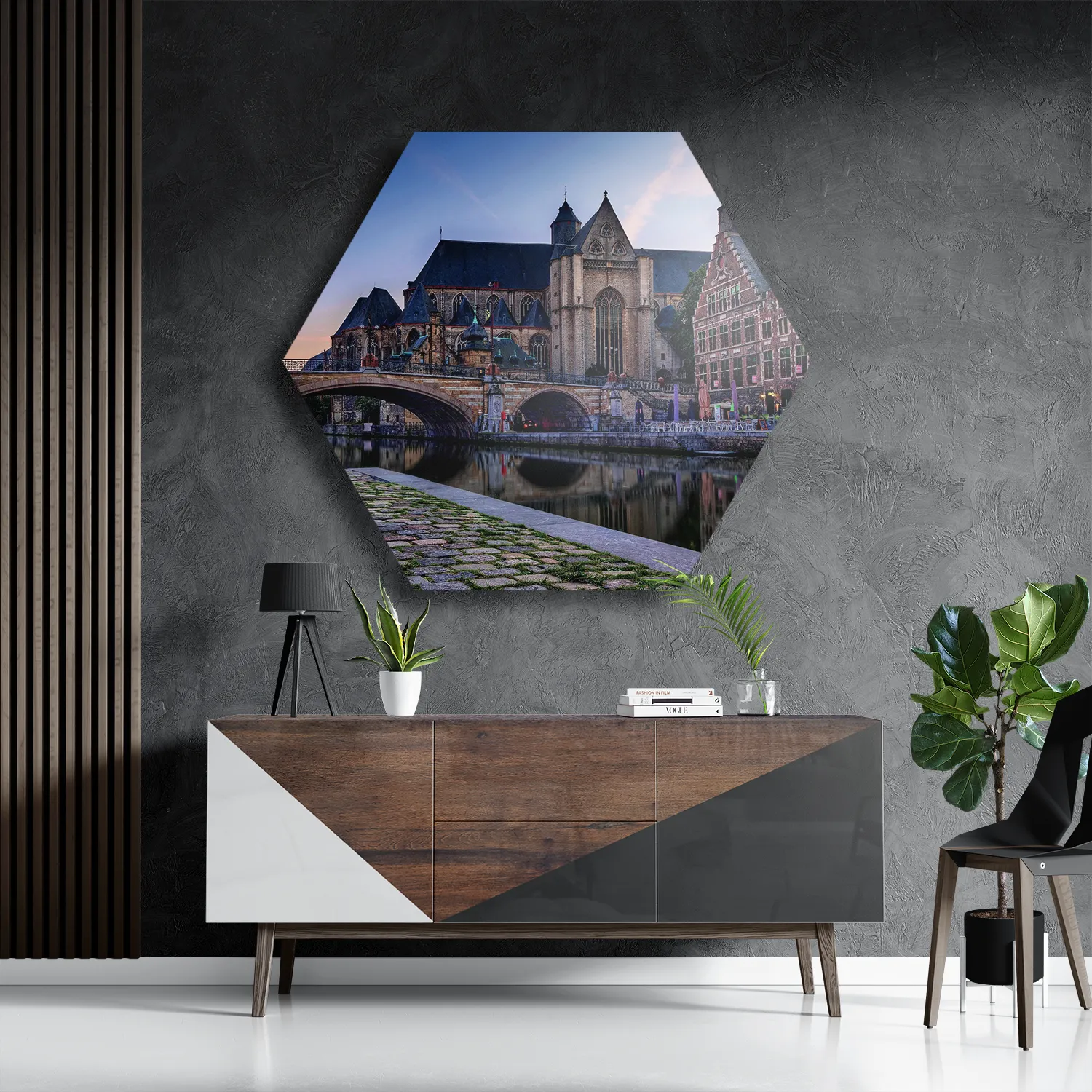 Template_Hexagon1_Steden_100-3 Schilderij Middeleeuwse Kathedraal en Brug Gent Hexagon Template Hexagon1 Steden 100 3