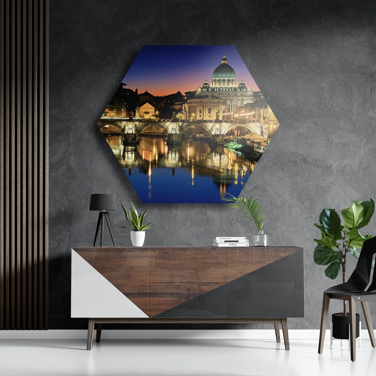 Schilderij Rivier Tiber Rome at Night Hexagon Template Hexagon1 Steden 29 3