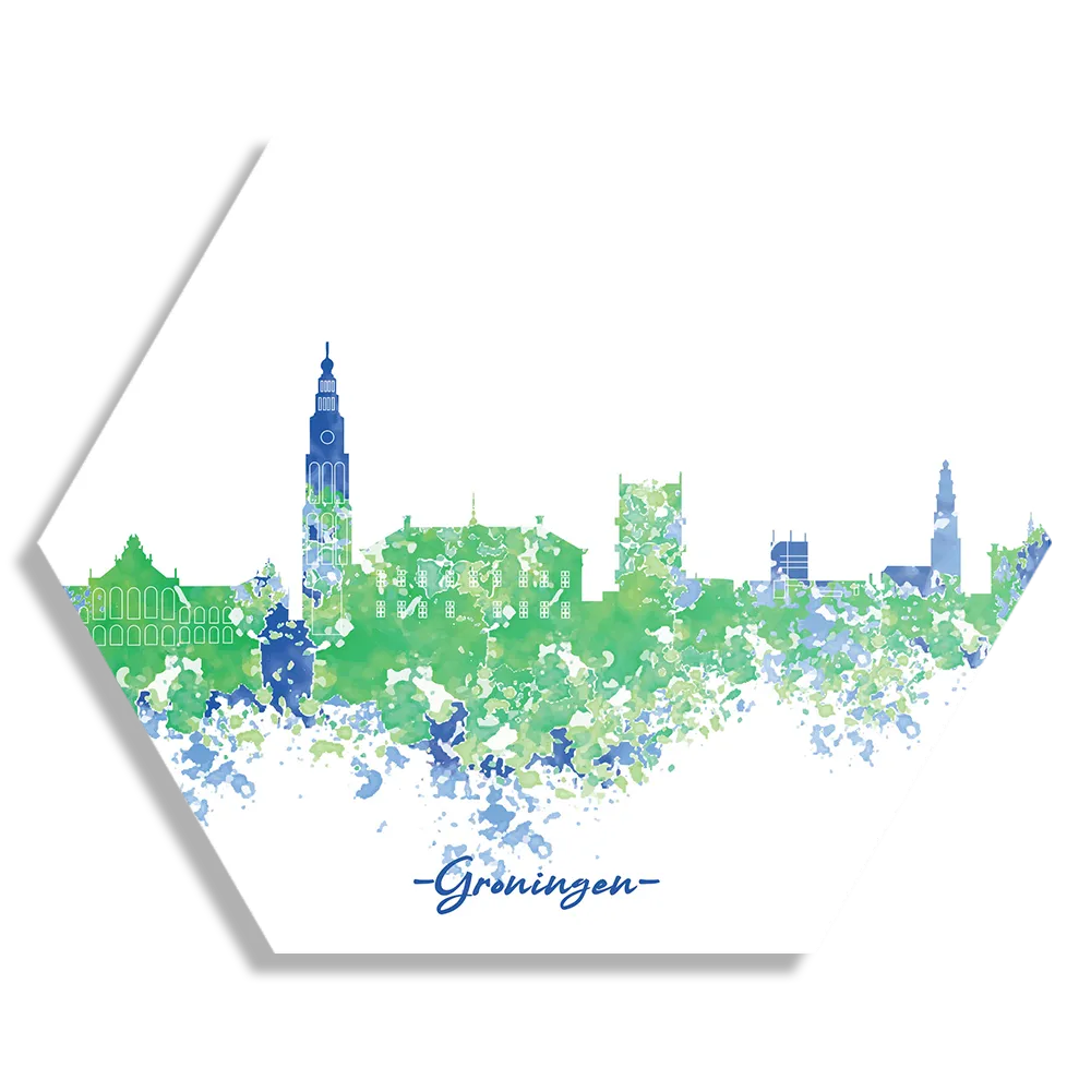 Template_Hexagon1_Steden_8-1 Schilderij Skyline Groningen Watercolor Paint Hexagon Template Hexagon1 Steden 8 1