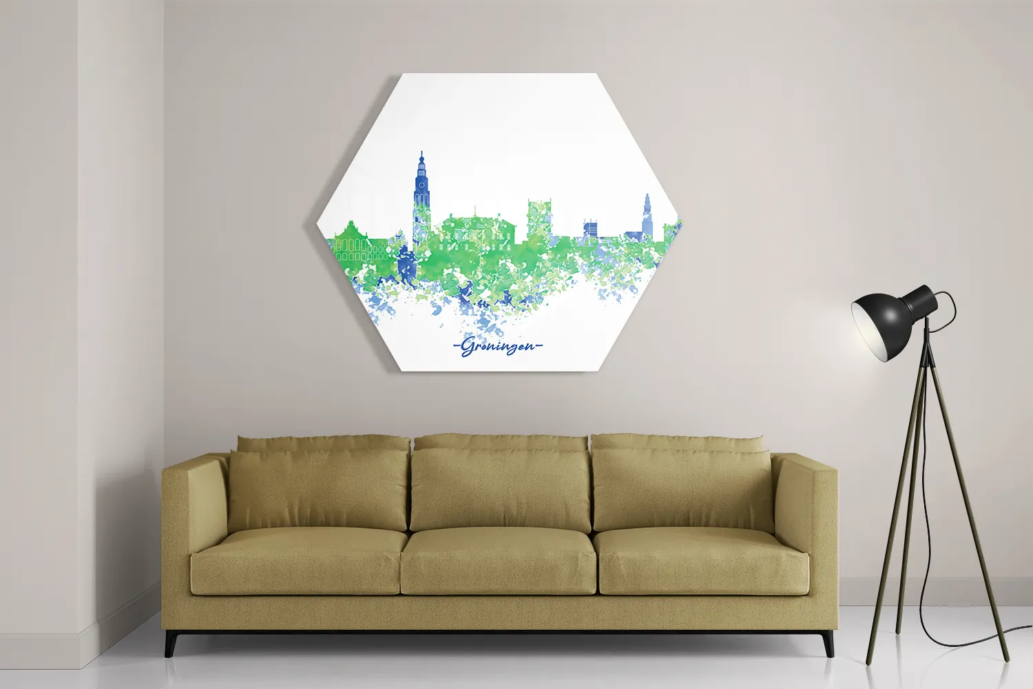 Template_Hexagon1_Steden_8-2 Schilderij Skyline Groningen Watercolor Paint Hexagon Template Hexagon1 Steden 8 2