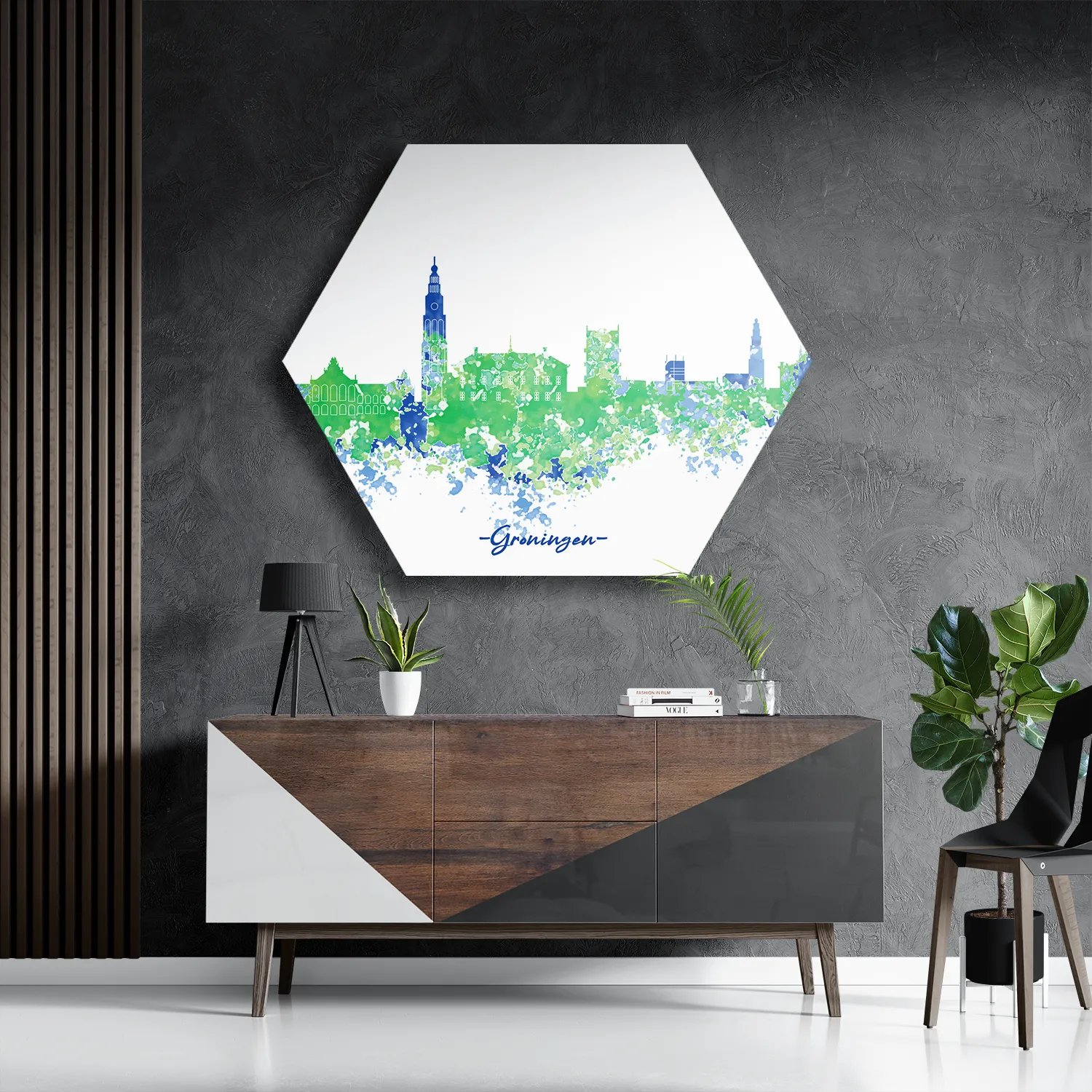 Template_Hexagon1_Steden_8-3 Schilderij Skyline Groningen Watercolor Paint Hexagon Template Hexagon1 Steden 8 3