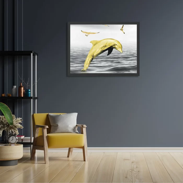 Poster Springende Dolfijnen Goud 02 Rechthoek Horizontaal Met Lijst Template PBF 50 70 Horizontaal Dieren 3 2