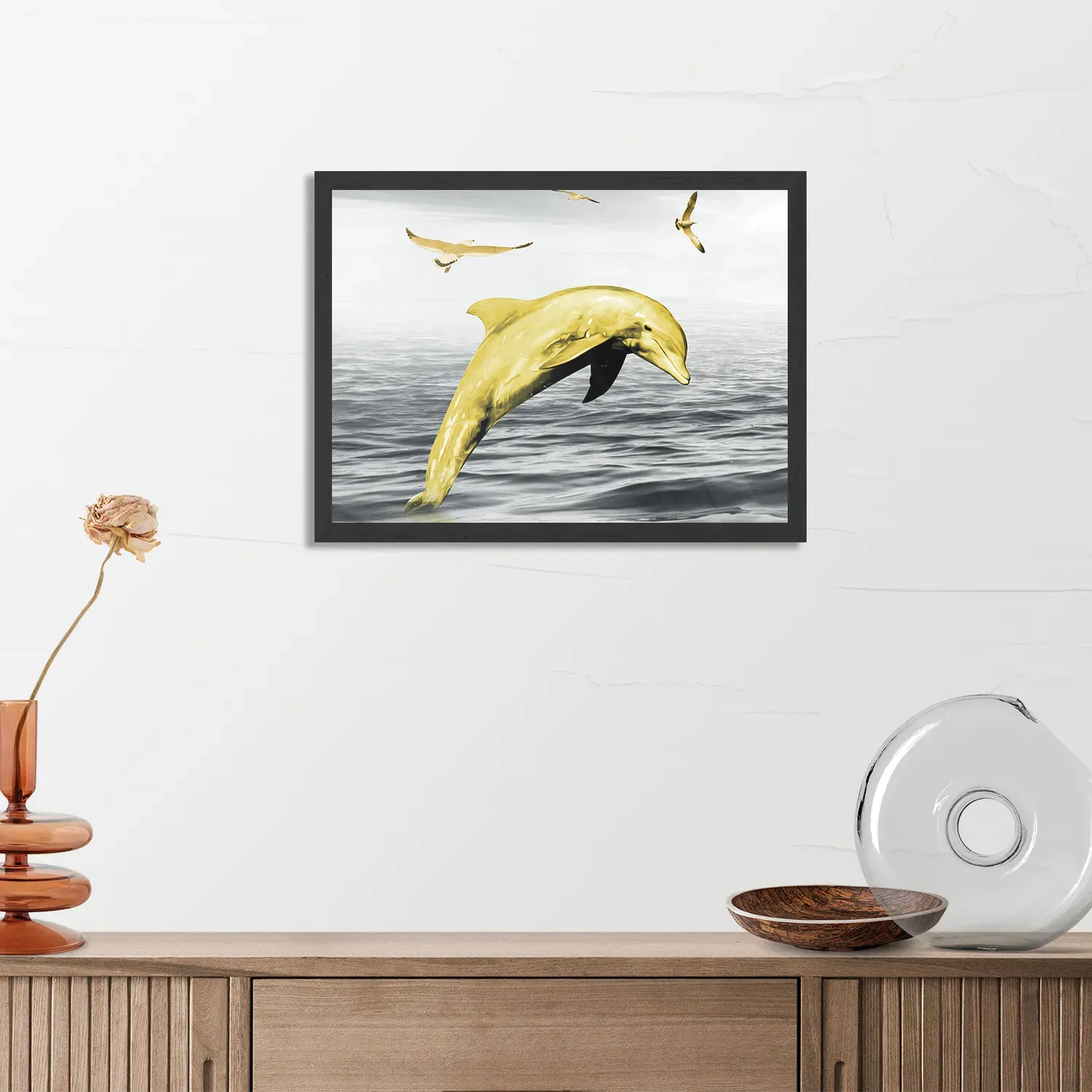 Poster Springende Dolfijnen Goud 02 Rechthoek Horizontaal Met Lijst Template PBF 50 70 Horizontaal Dieren 3 3