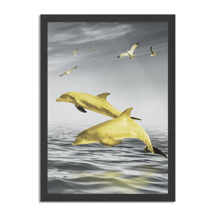 Poster Springende Dolfijnen Goud 01 Rechthoek Verticaal Met Lijst Template PBL 50 70 Verticaal Dieren 2 1